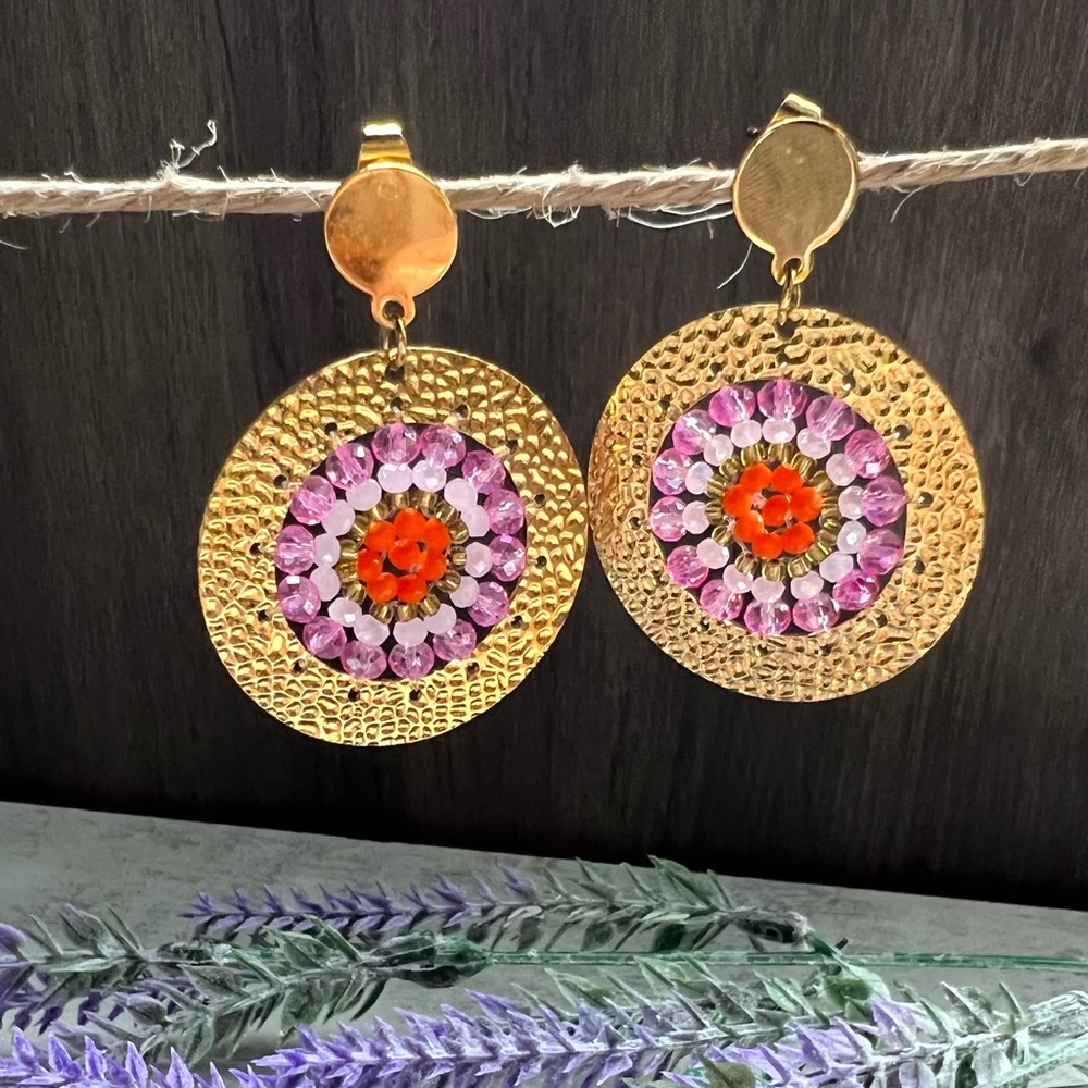 Gold and Pink Beaded Earrings